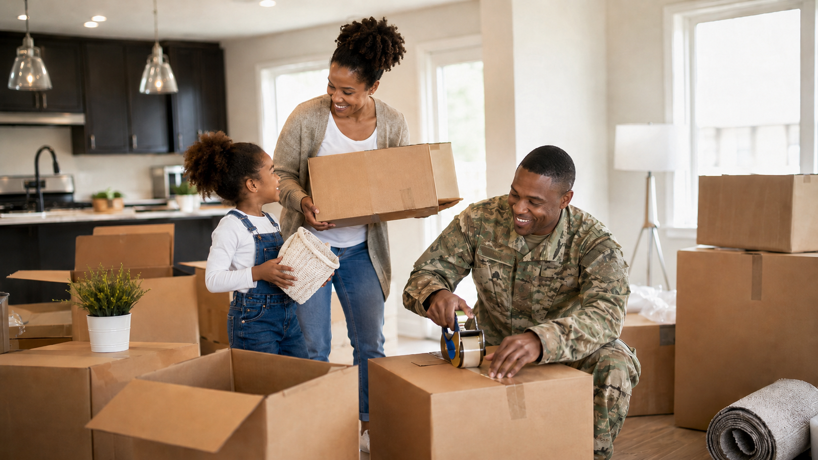Military family packing boxes in their new Greater Houston home